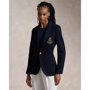 Polo Ralph Lauren Womens Navy Blue Knit Crest Blazer Gold Monogram Size 8